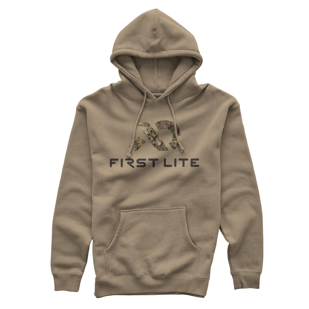 Sandstone hoodie with a hood, drawstrings, front kangaroo pocket, and a "FIRST LITE" logo with a camouflage "FL" design.