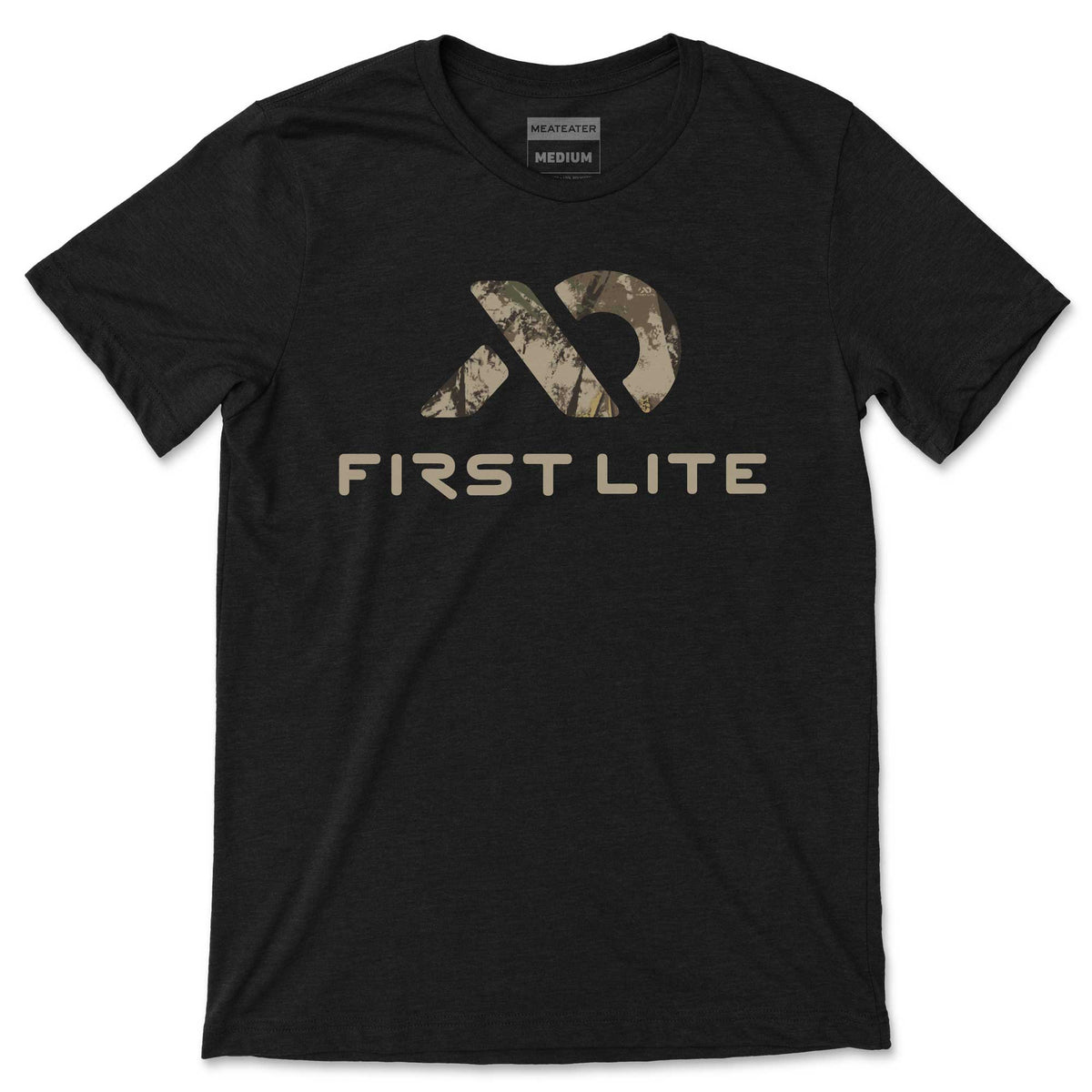 Black heather t-shirt with a camouflage-patterned logo and "FIRST LITE" text on the chest.