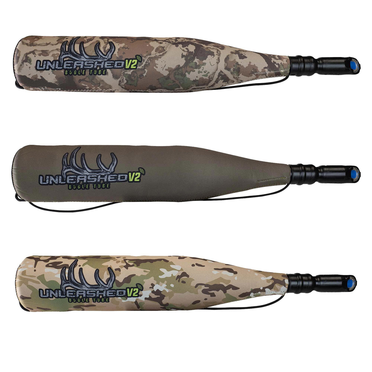 Three Unleashed V2 bugle tubes, two in camouflage and one in olive green, each with a black mouthpiece and a blue tip.