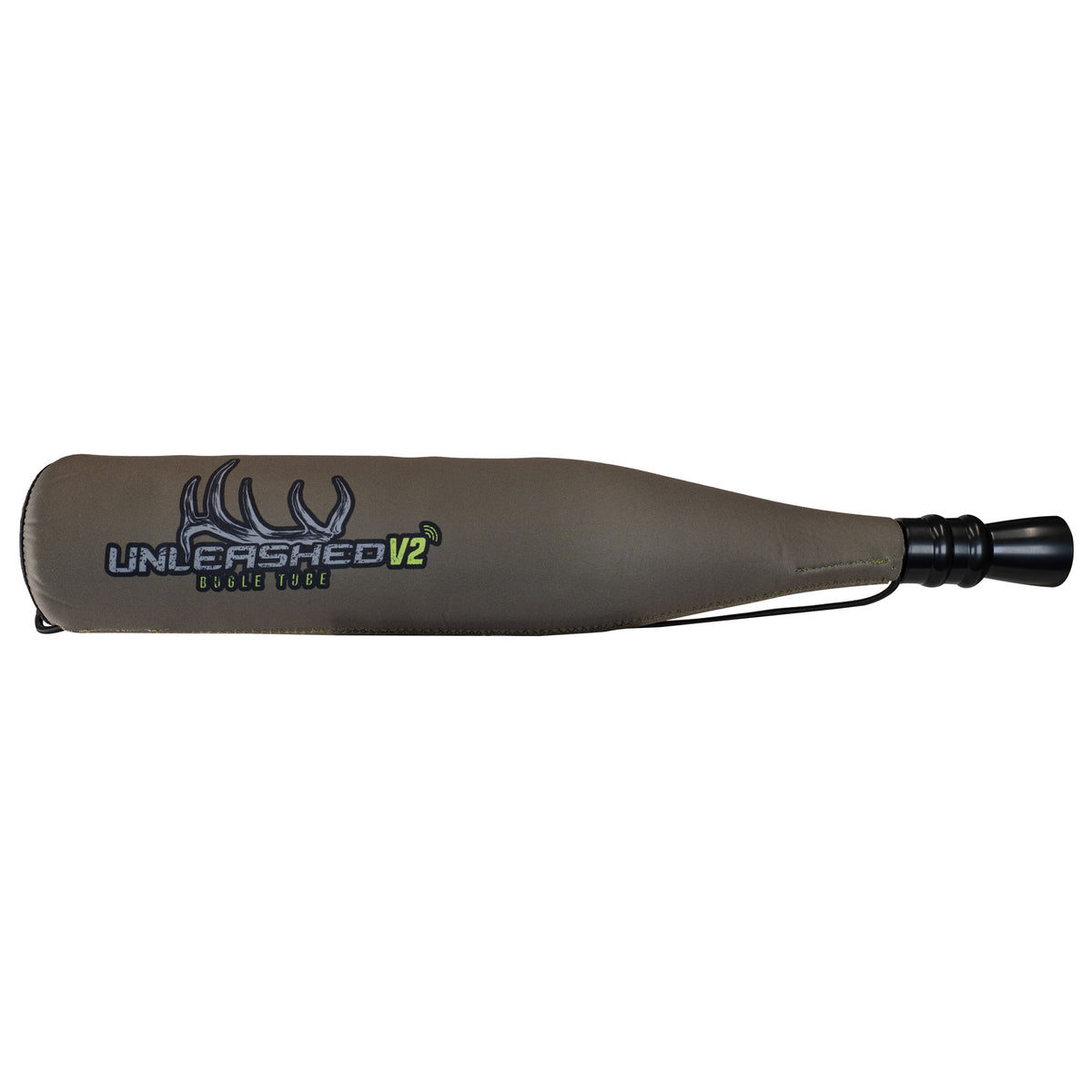 Olive green "Unleashed V2" bugle tube with an antler logo, a black mouthpiece, and a black cord.