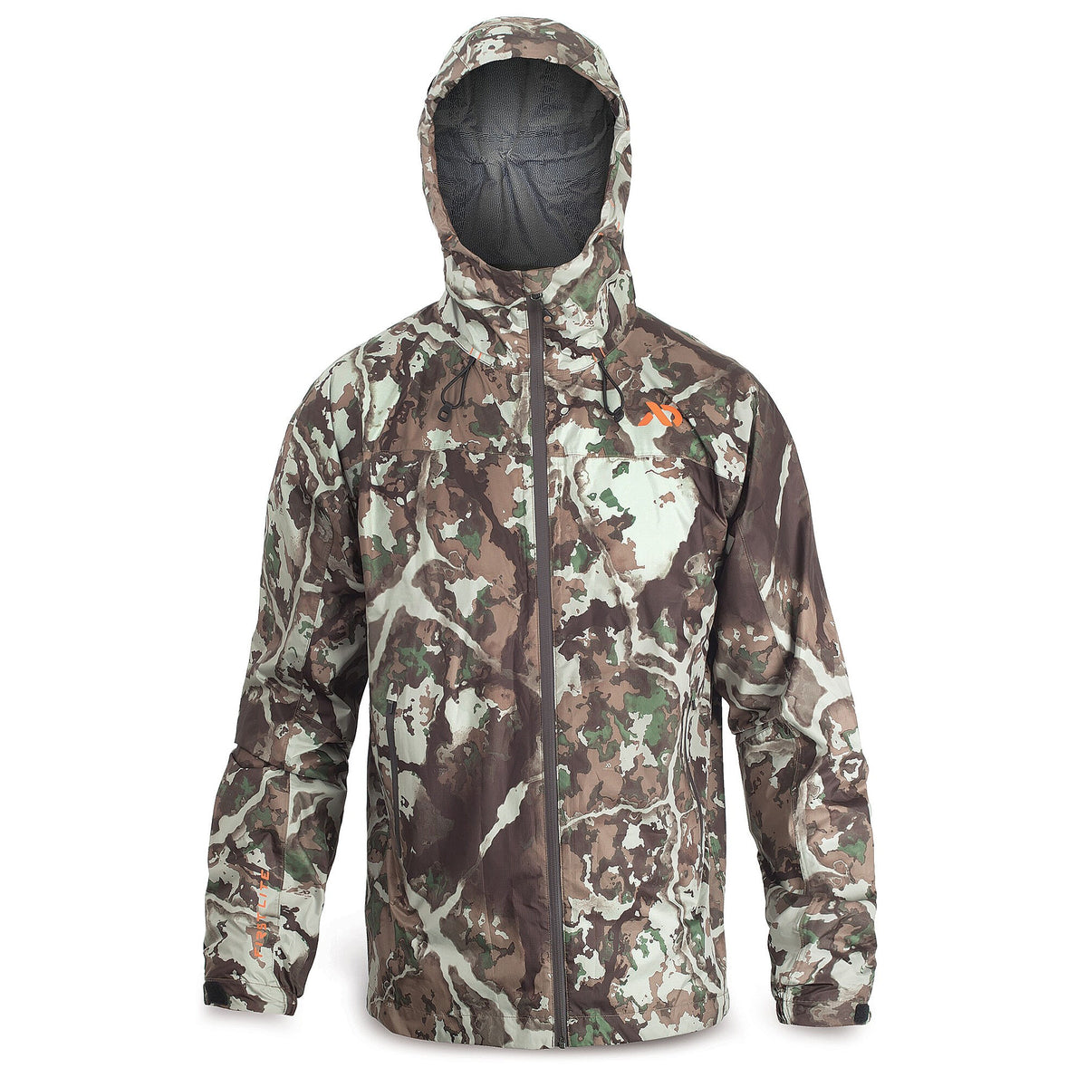 Camouflage jacket in brown, green, and tan with a hood, full zipper, orange chest logo, and "FIRST LITE" text on the cuff.