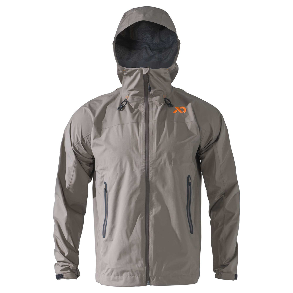 Walnut hooded full-zip jacket with an orange chest logo, two zippered hand pockets, and adjustable cuffs.