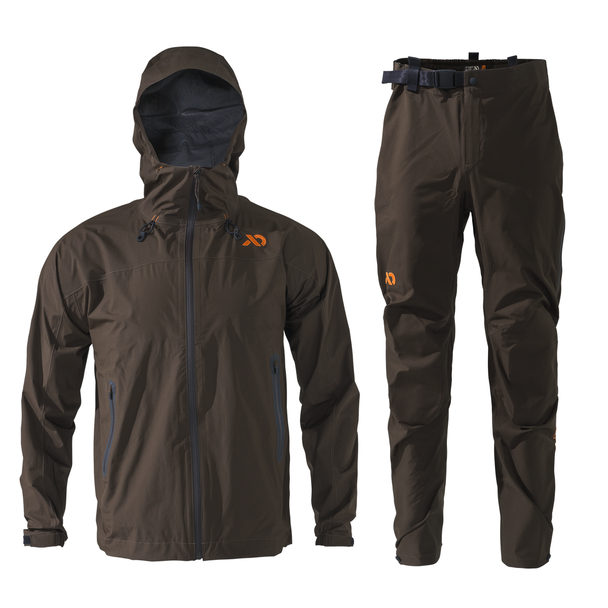 A dark brown outdoor jacket and matching pants set with orange logo accents, displayed on a clean white background.