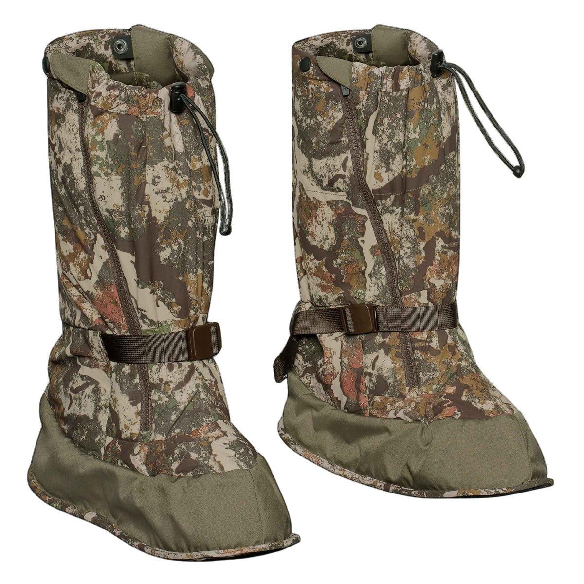 Camo  overboots with bornw straps on a white background.