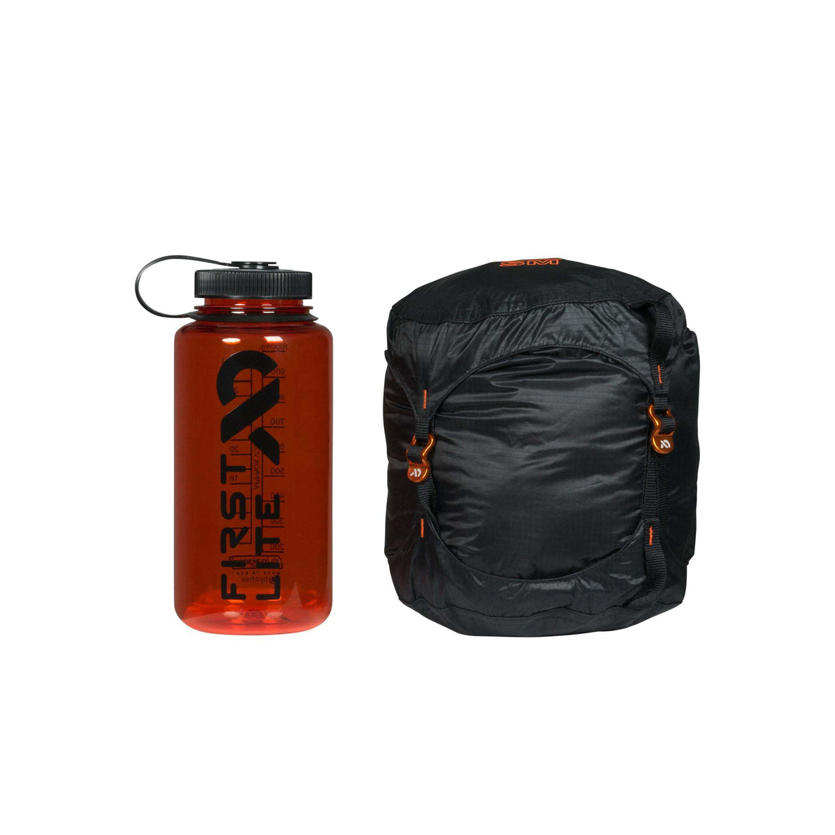 An amber First Lite water bottle with a black lid sits next to a black SIM stuff sack with orange compression straps and bronze buckles.