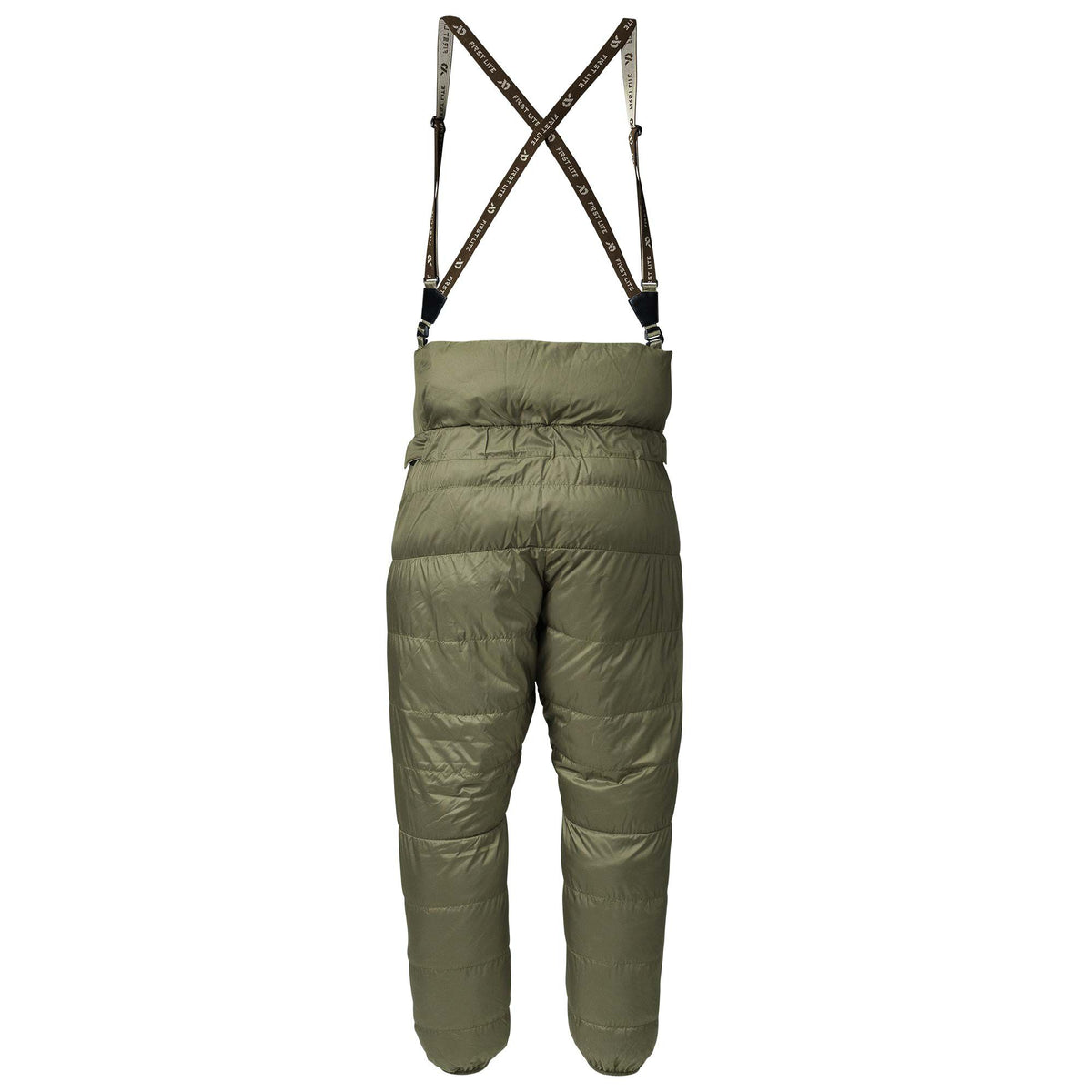 Olive green puffy insulated pants with 'FIRST LITE' branded suspenders.