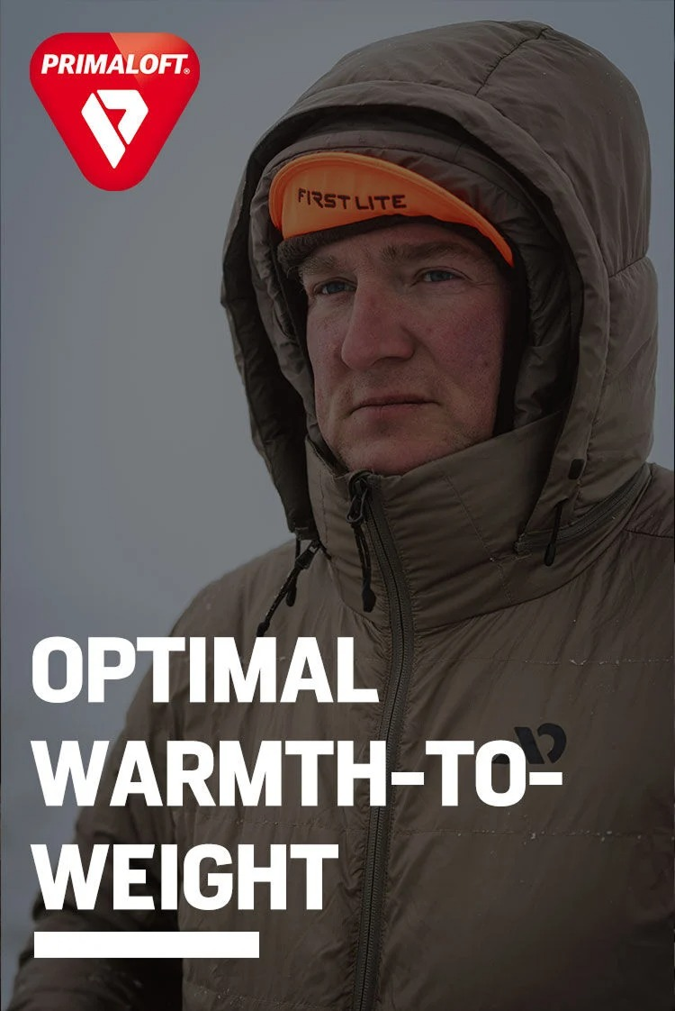 Brown hooded insulated jacket on a man, showing collar zipper and drawstrings.