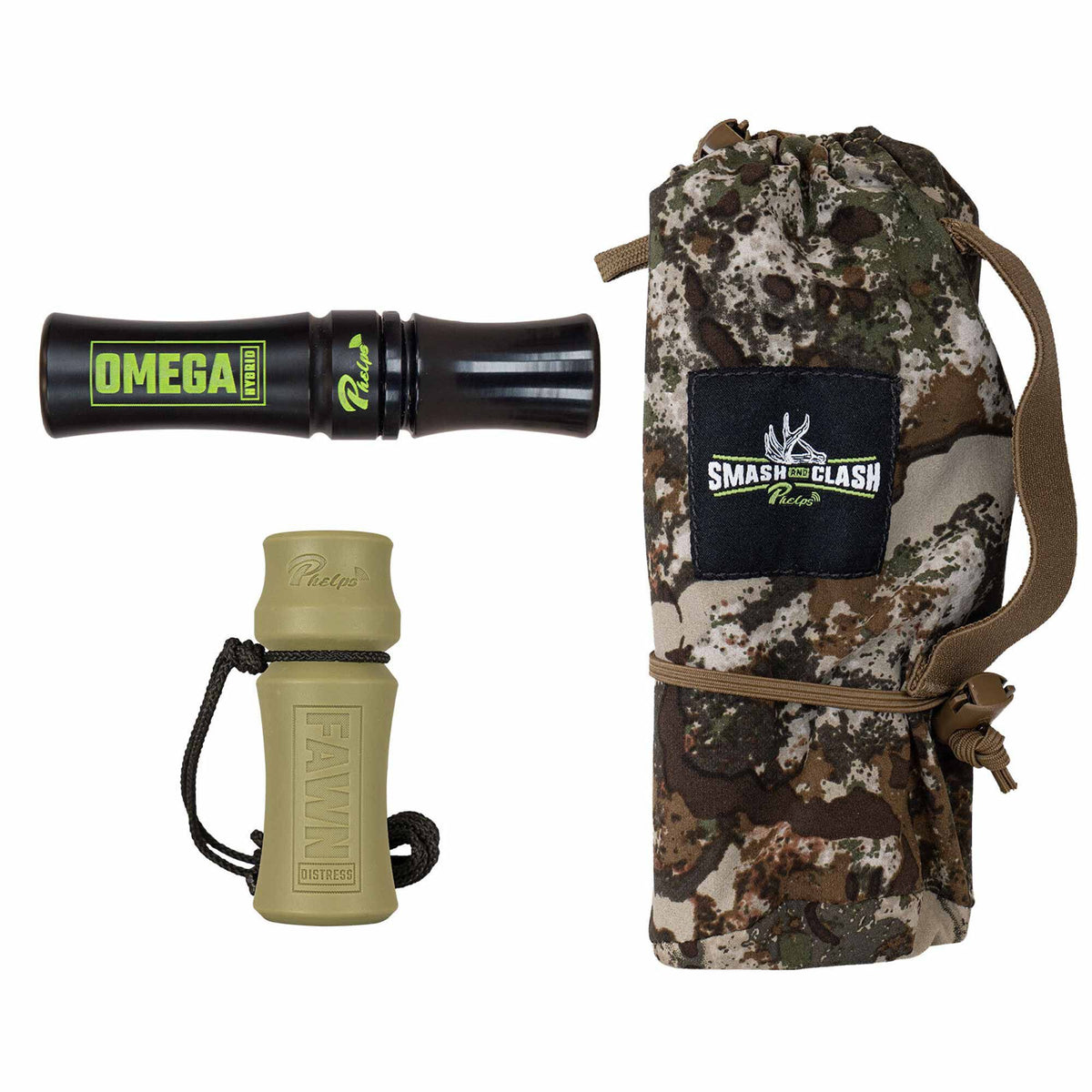 A black Omega Hybrid game call and an olive green Fawn Distress game call are displayed next to a camouflage Smash and Clash drawstring bag.