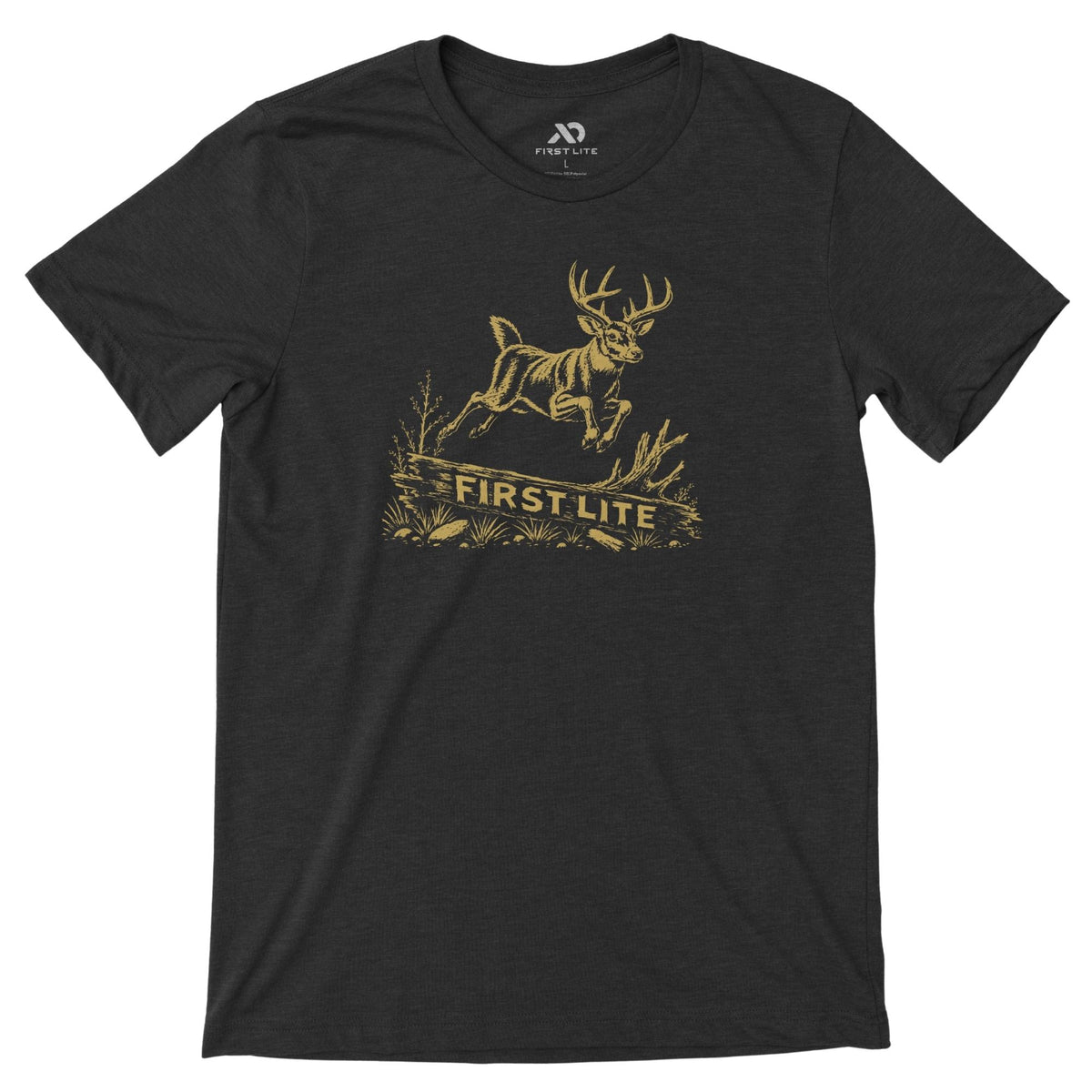 Charcoal heather T-shirt featuring a deer in yellow tones jumping over a log and the log has "FIRST LITE" text on it.
