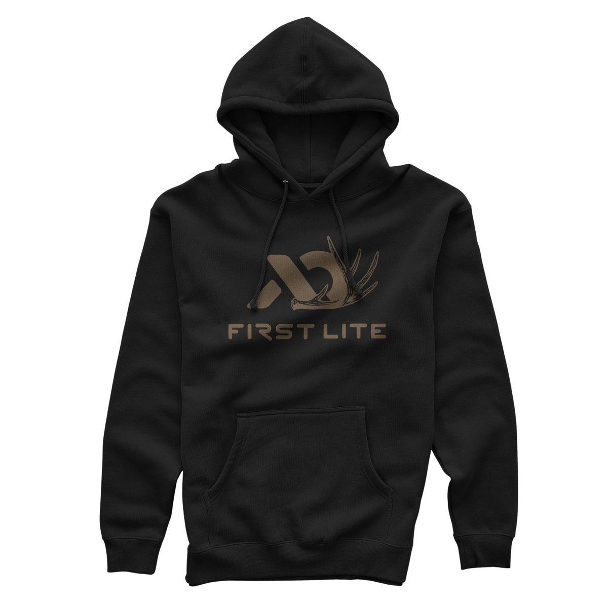 Black hoodie featuring a brown First Lite logo with text and an antler graphic, a hood with drawstrings, and a front kangaroo pocket.