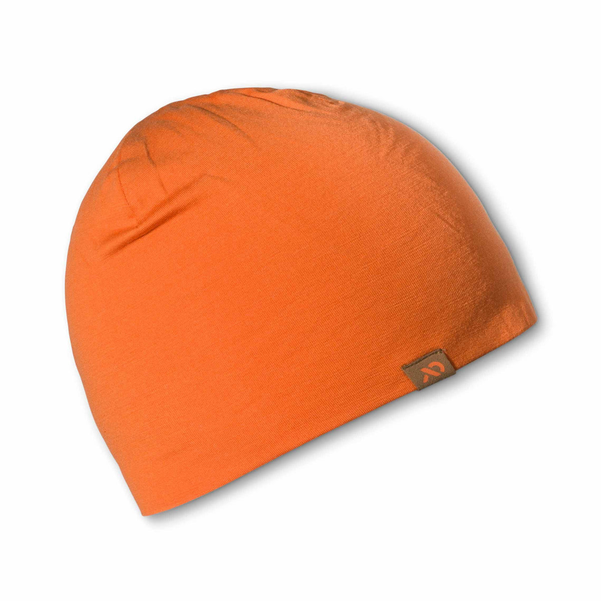 Orange knit beanie with a brown tag on the brim.