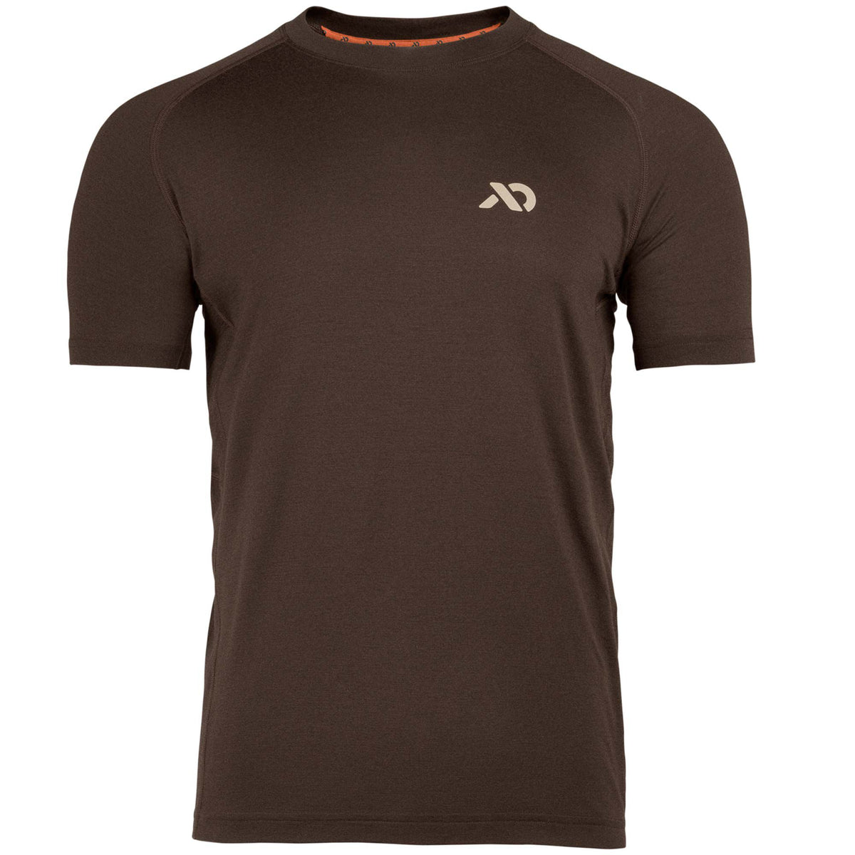 Dark brown short-sleeve t-shirt featuring a tan chest logo, raglan sleeves, and orange inner neck trim.