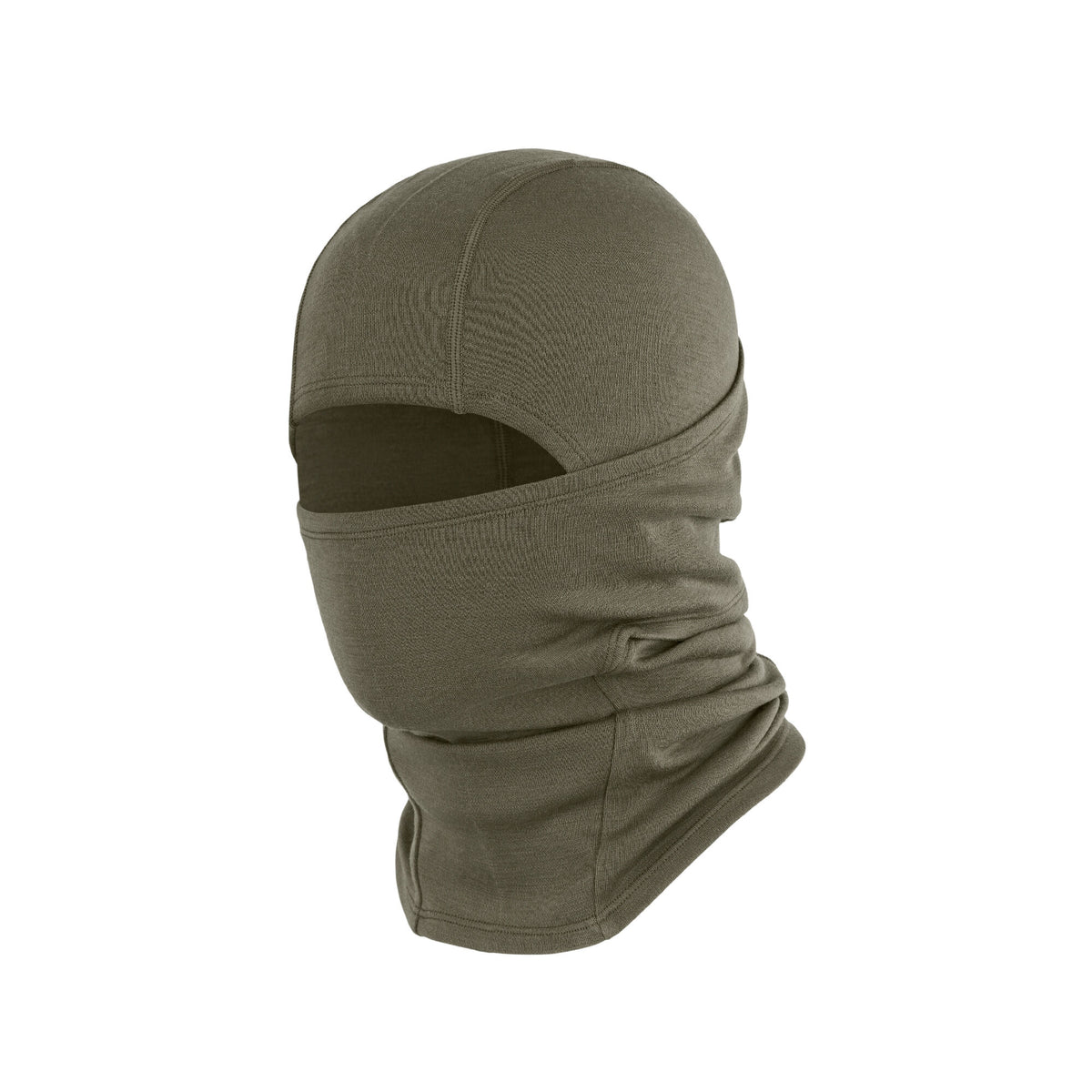 Dark olive green knit balaclava with a single large opening for the face and prominent stitched seams.