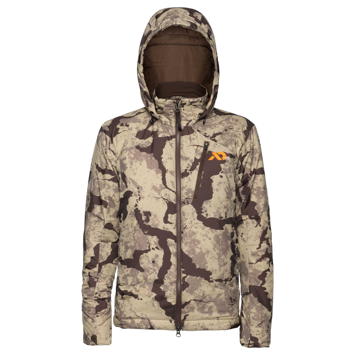 Tan and brown camouflage insulated jacket with a hood, full front zipper, and an orange logo on the chest pocket.