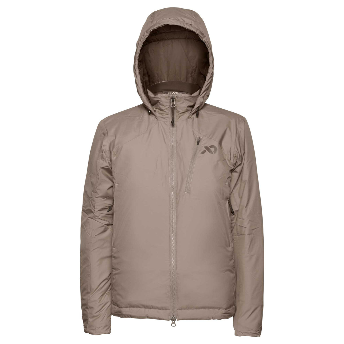 Tan hooded jacket with a full front zipper and a zippered left chest pocket.