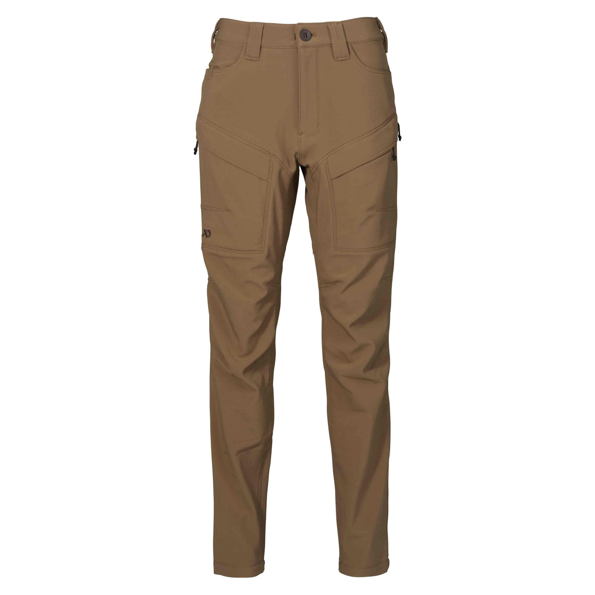 Brown pants featuring belt loops, front and zippered cargo pockets, and articulated knees.