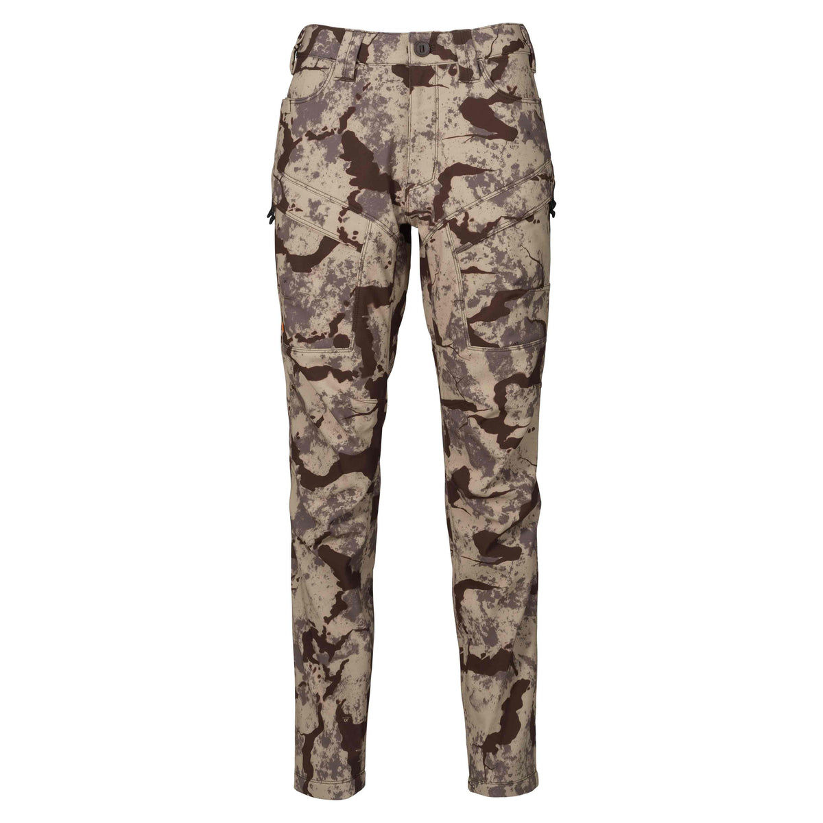 Beige, brown, and grey camouflage pants with a button closure and multiple zipper pockets.