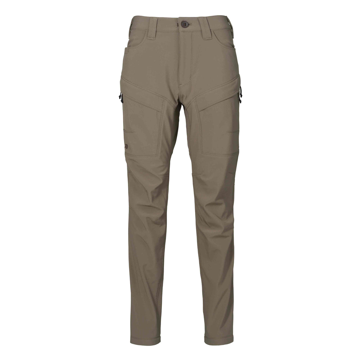 Walnut outdoor pants with button closure, belt loops, front and zippered cargo pockets, and reinforced knees.