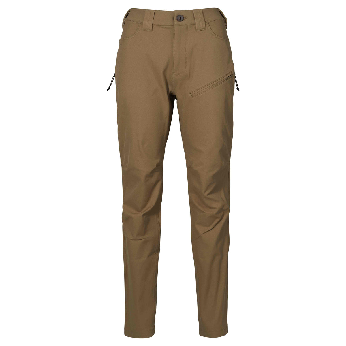 Khaki pants with button closure, belt loops, and diagonal zippered thigh pockets.
