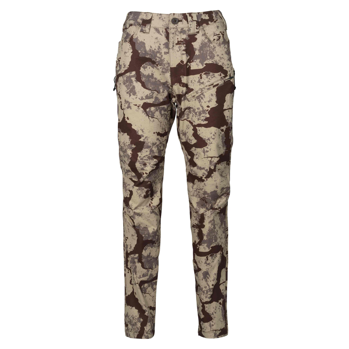 Camouflage pants in beige, grey, and dark brown, featuring a button closure, front pockets, and zippered cargo pockets.