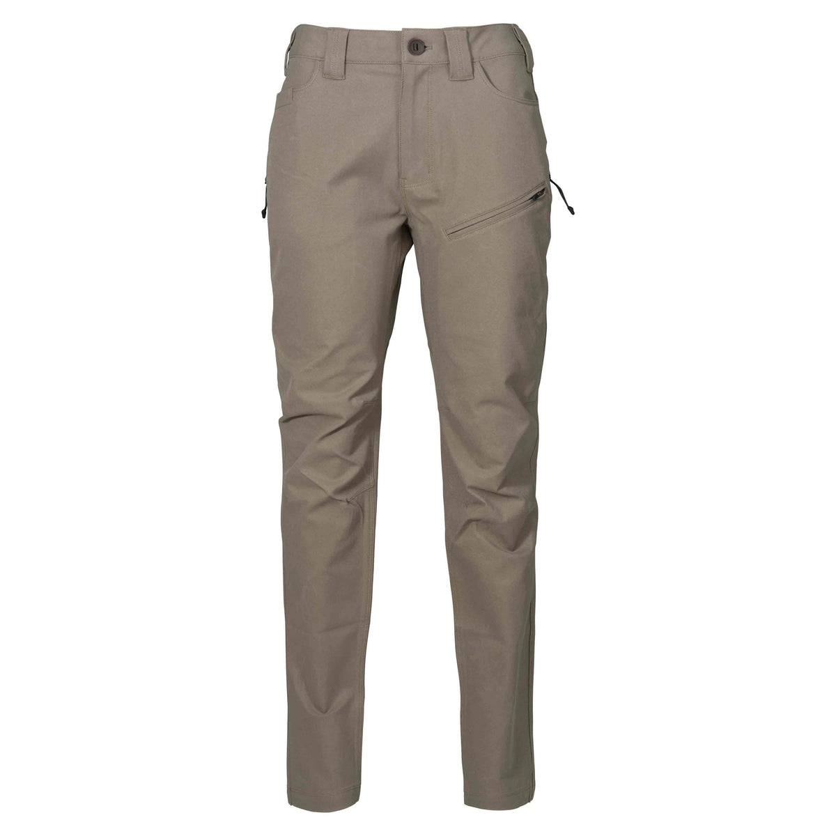 Tan tactical pants with a front button, belt loops, and zippered thigh pockets.