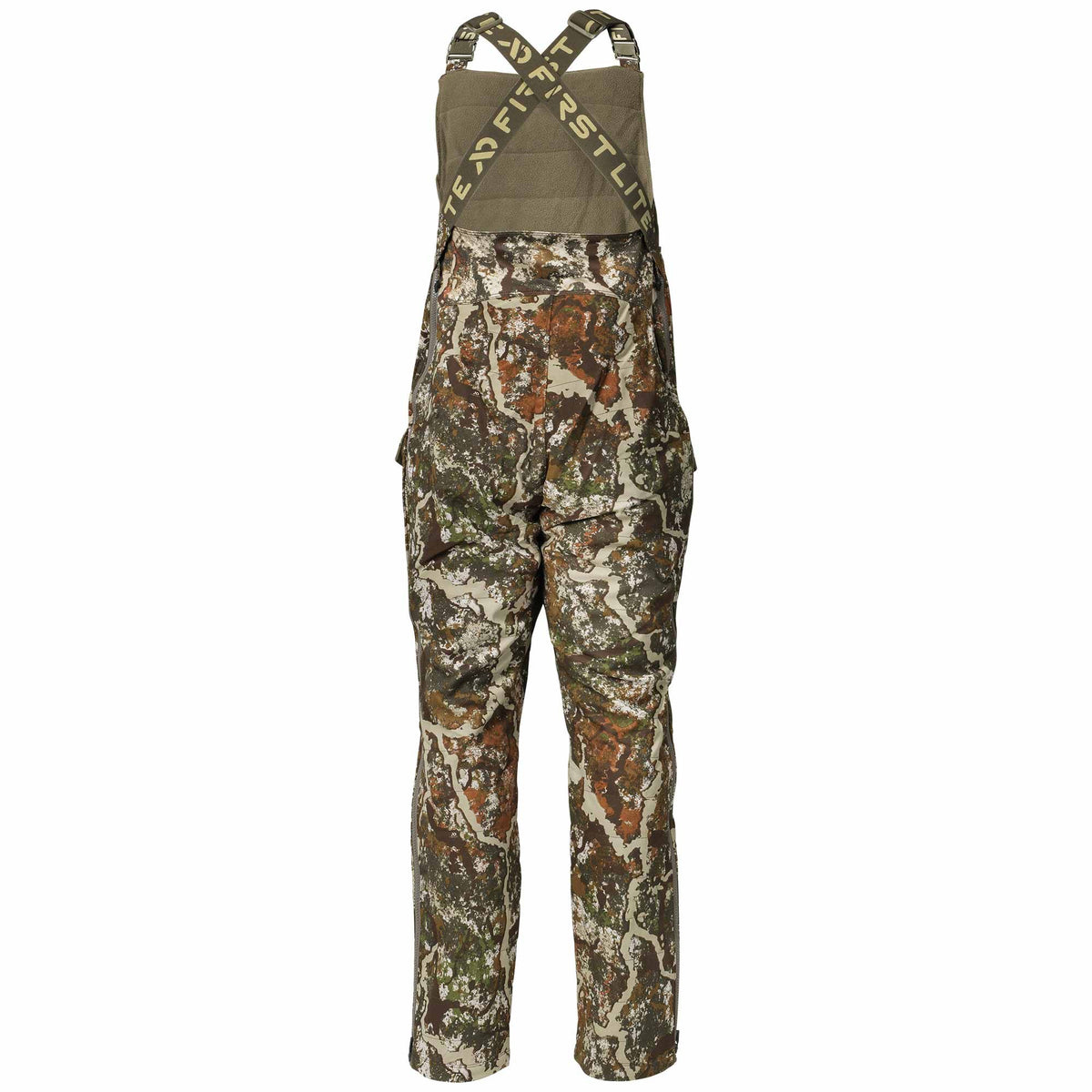 First Lite hunting bibs featuring an olive green top bib and camouflage patterned pants with branded straps.