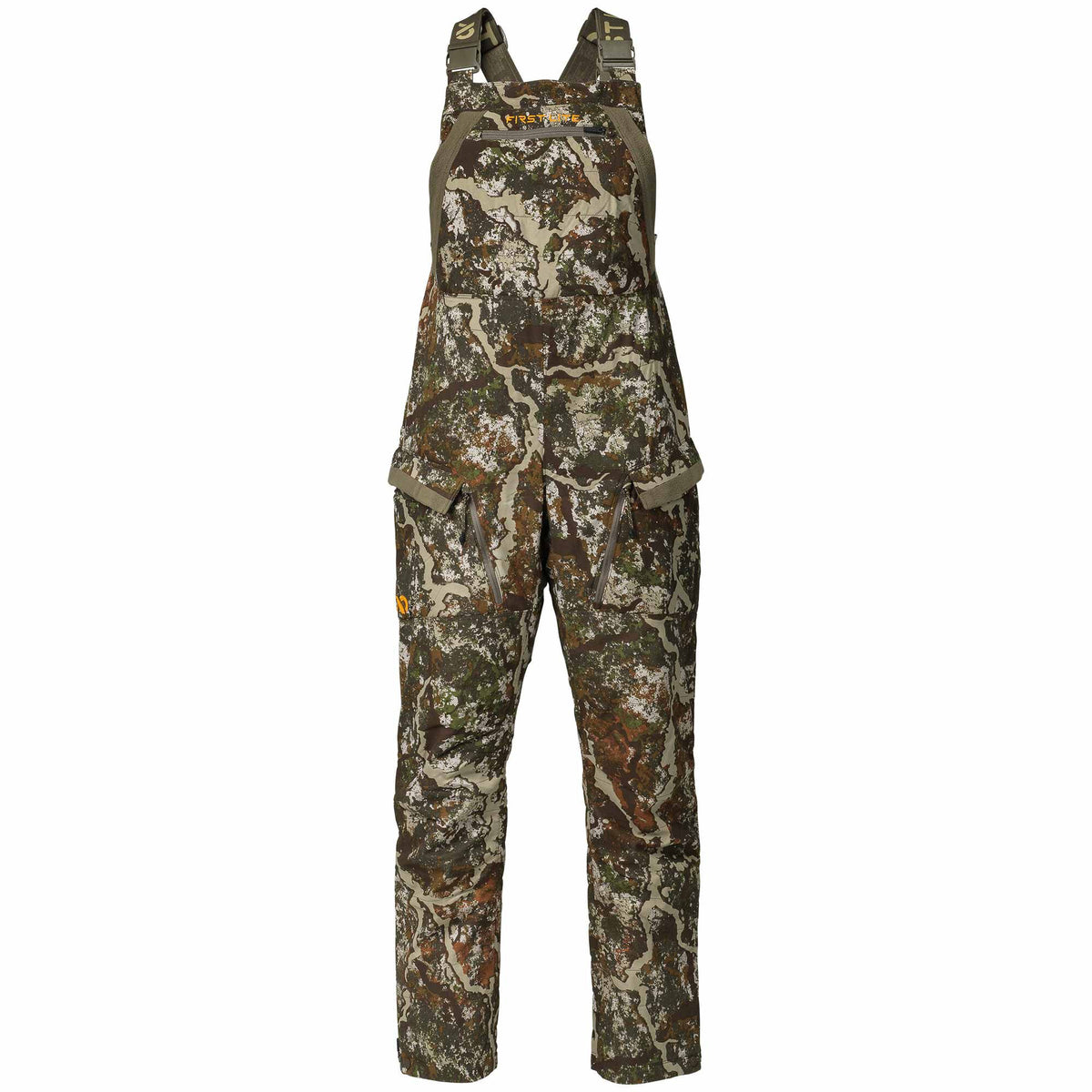 First Lite Fusion camouflage hunting bibs with adjustable shoulder straps, a zippered chest pocket, and multiple zippered thigh pockets.