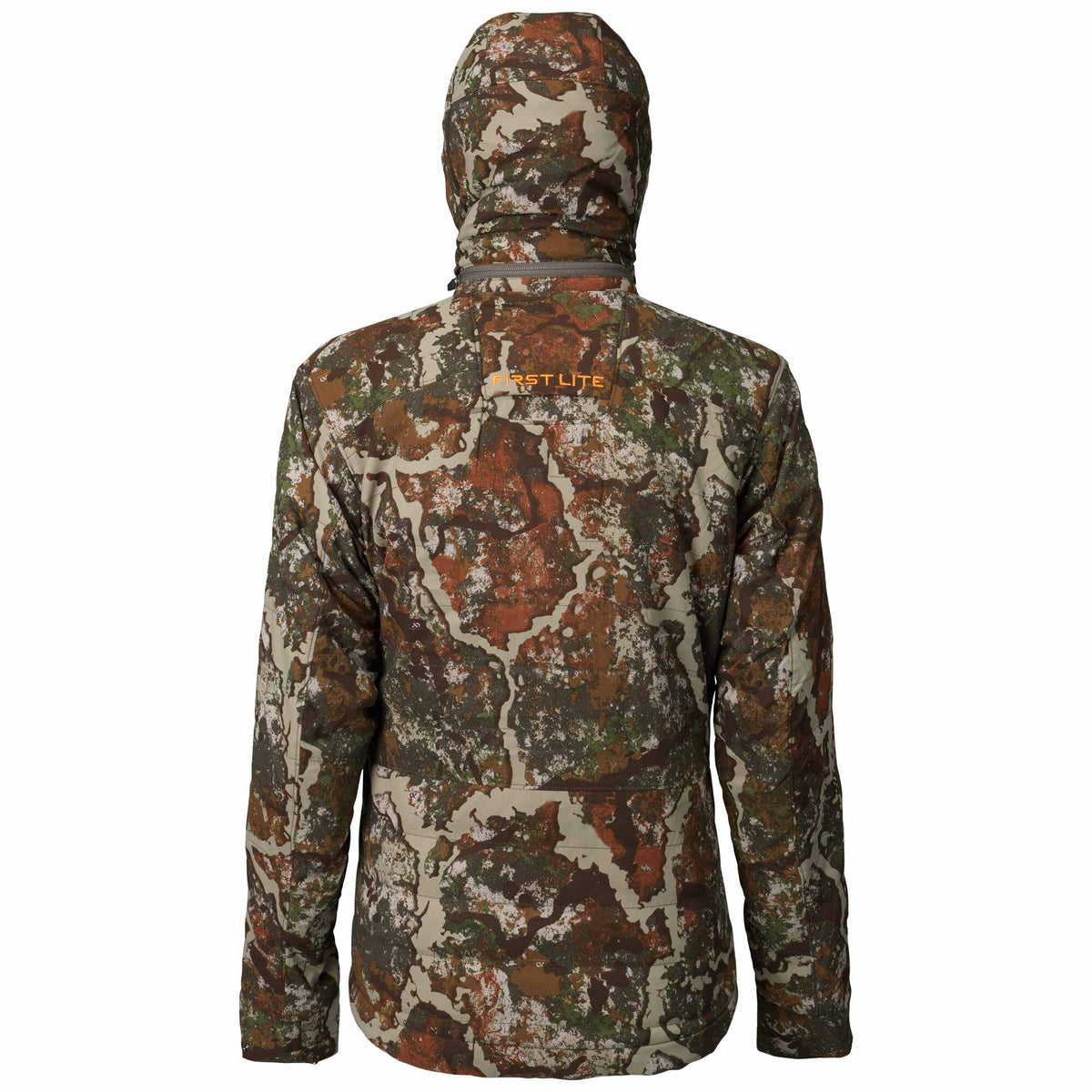 Hooded hunting jacket in brown, green, and tan camouflage with an orange "FIRST LITE" logo on the back.