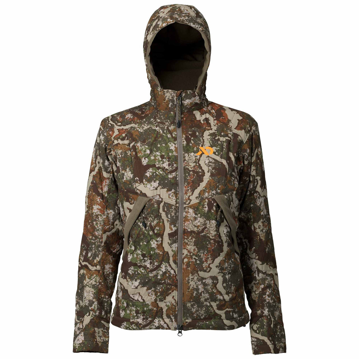 Camouflage hunting jacket with a hood, full zipper, two front pockets, and an orange logo on the chest.
