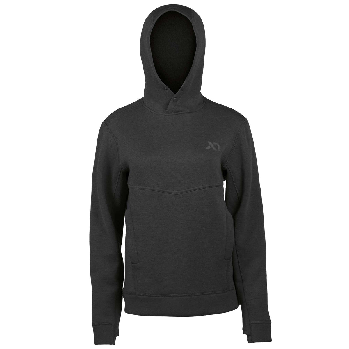 Dark gray hoodie with two-snap placket, subtle logo on chest, V-shaped chest seam, and front hand pockets.