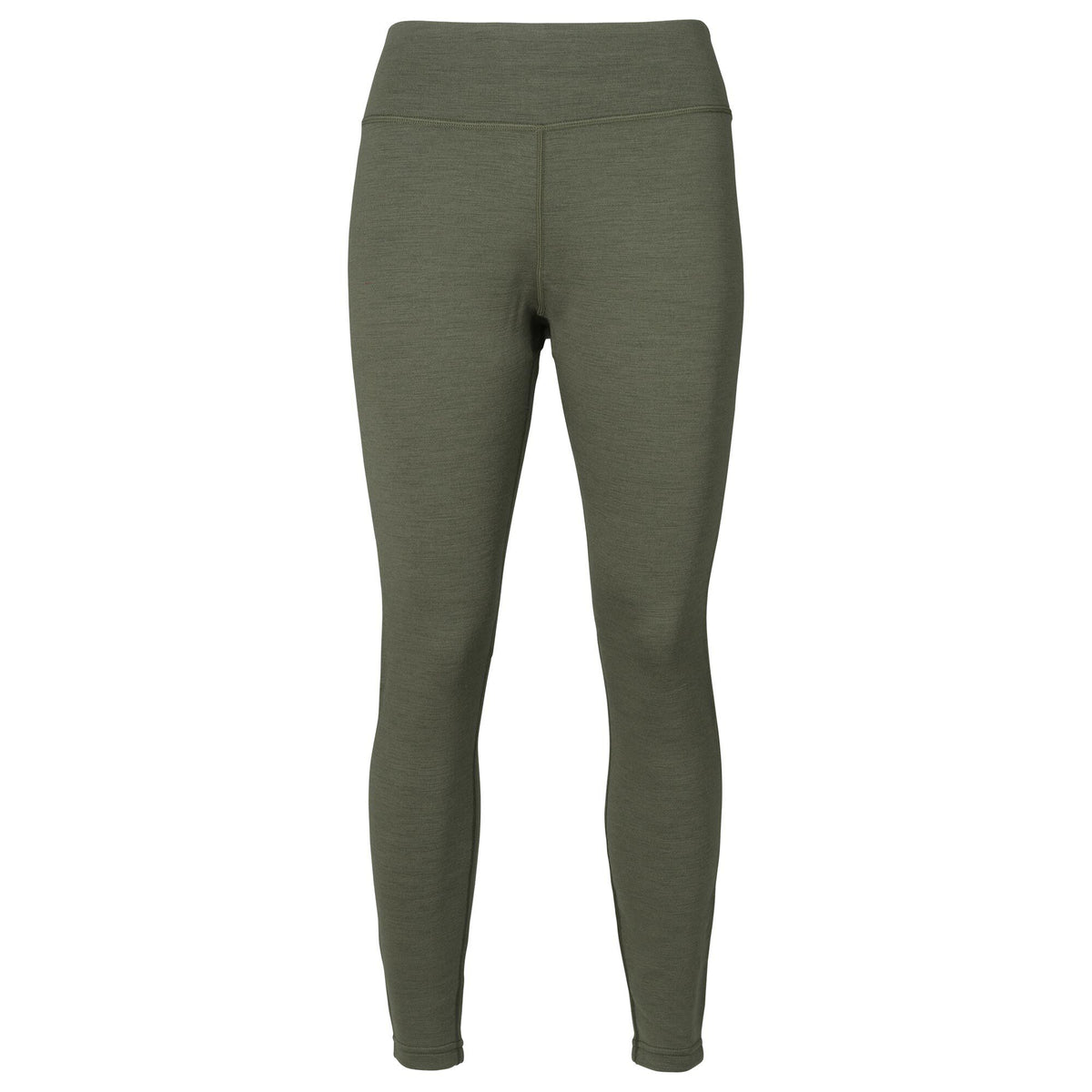 Olive green high-waisted leggings with a V-shaped front waistband seam and textured fabric.