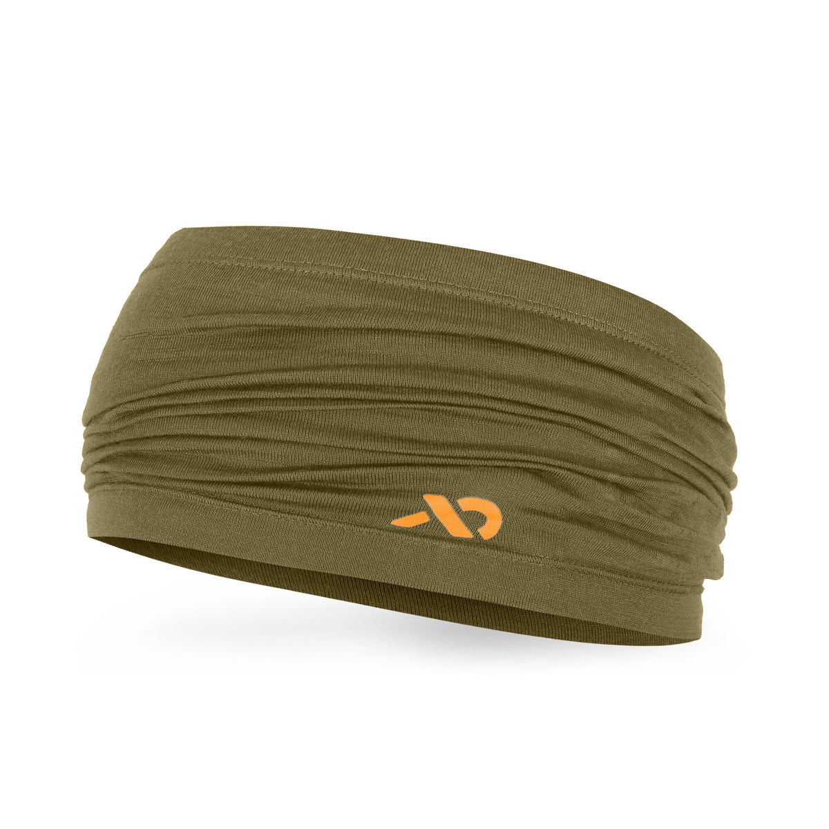 Olive green ruched headband with an orange logo.