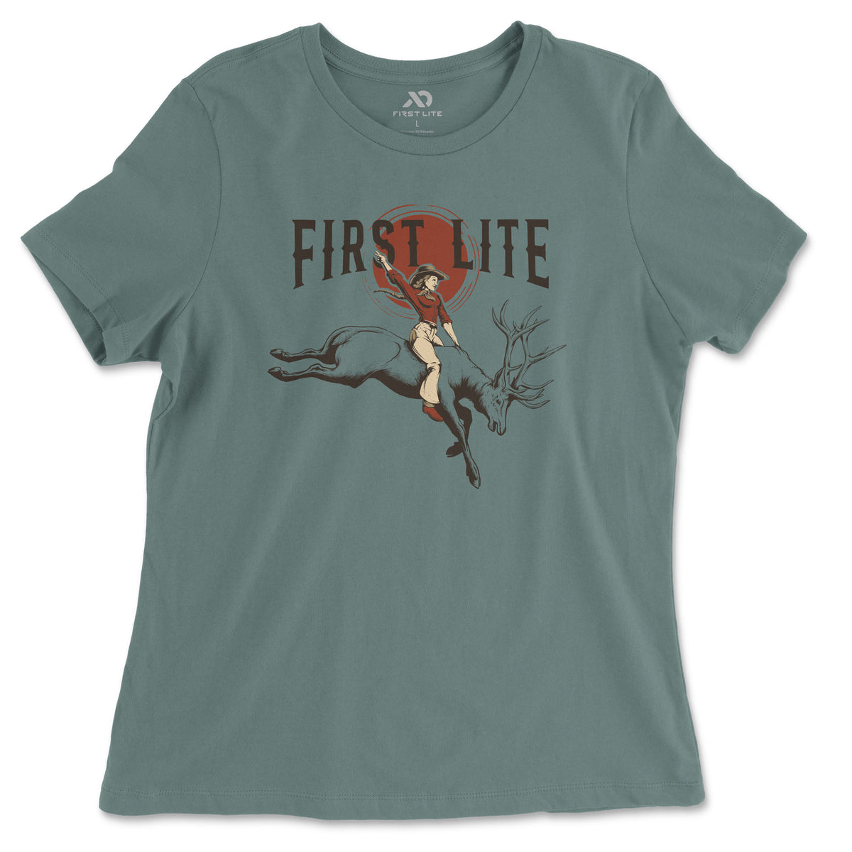 Muted teal t-shirt featuring "FIRST LITE" text above a graphic of a cowgirl riding a leaping elk against a red sun.