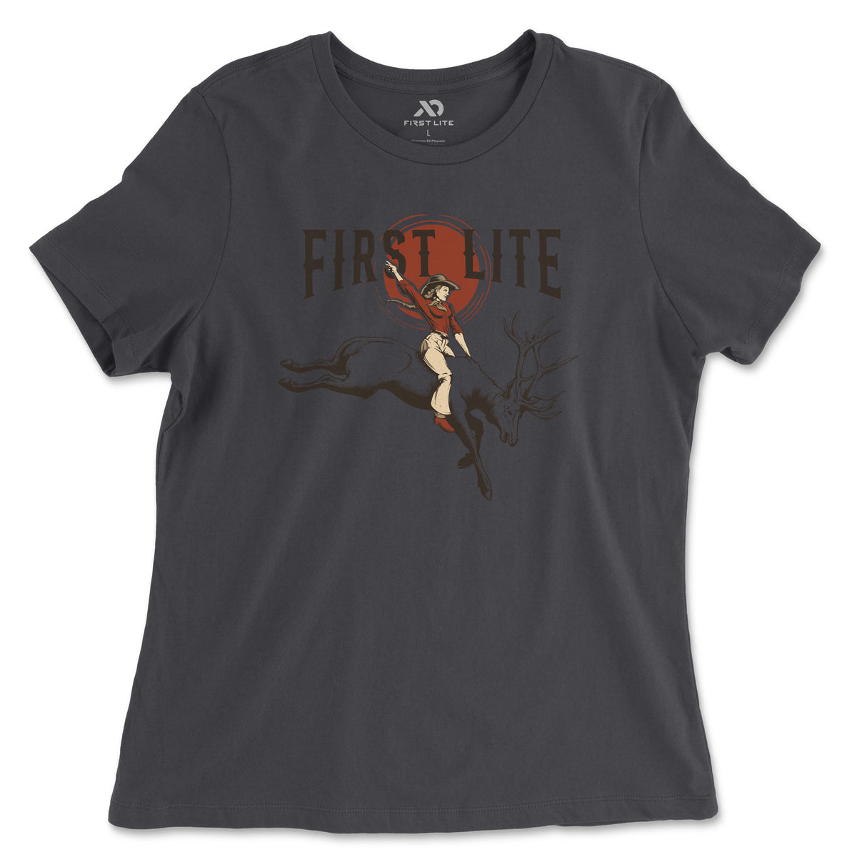 Charcoal grey women's t-shirt with a graphic of "FIRST LITE" text and a cowgirl riding a jumping elk against a red circle.