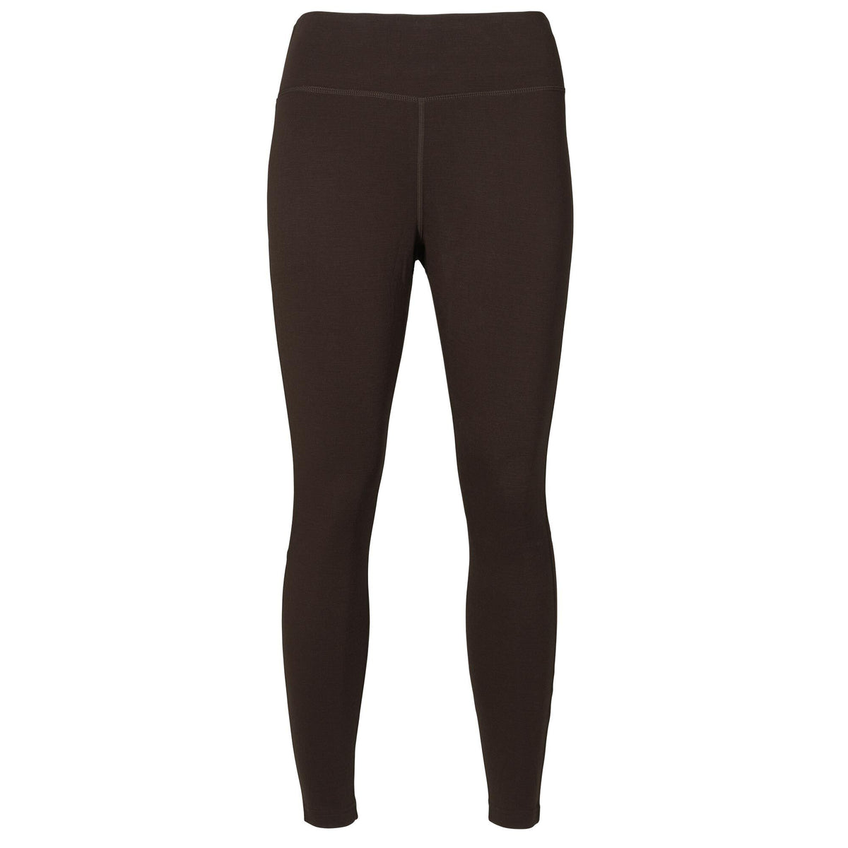 Dark brown high-waisted leggings with visible flatlock seams.