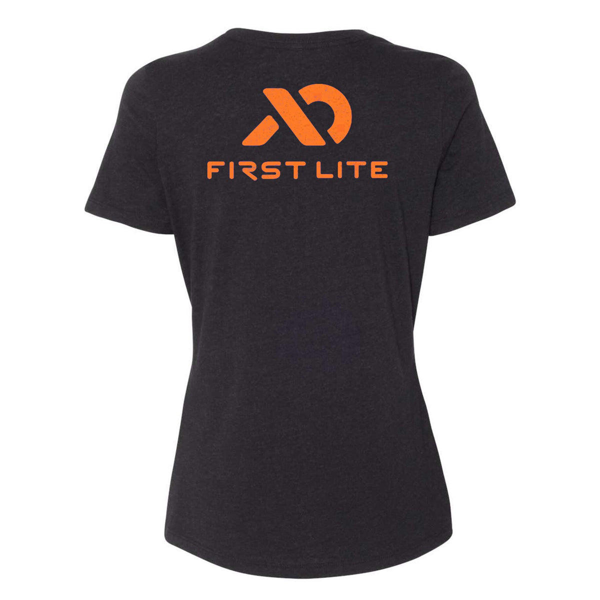Dark grey heathered t-shirt with an orange First Lite logo and text on the back.