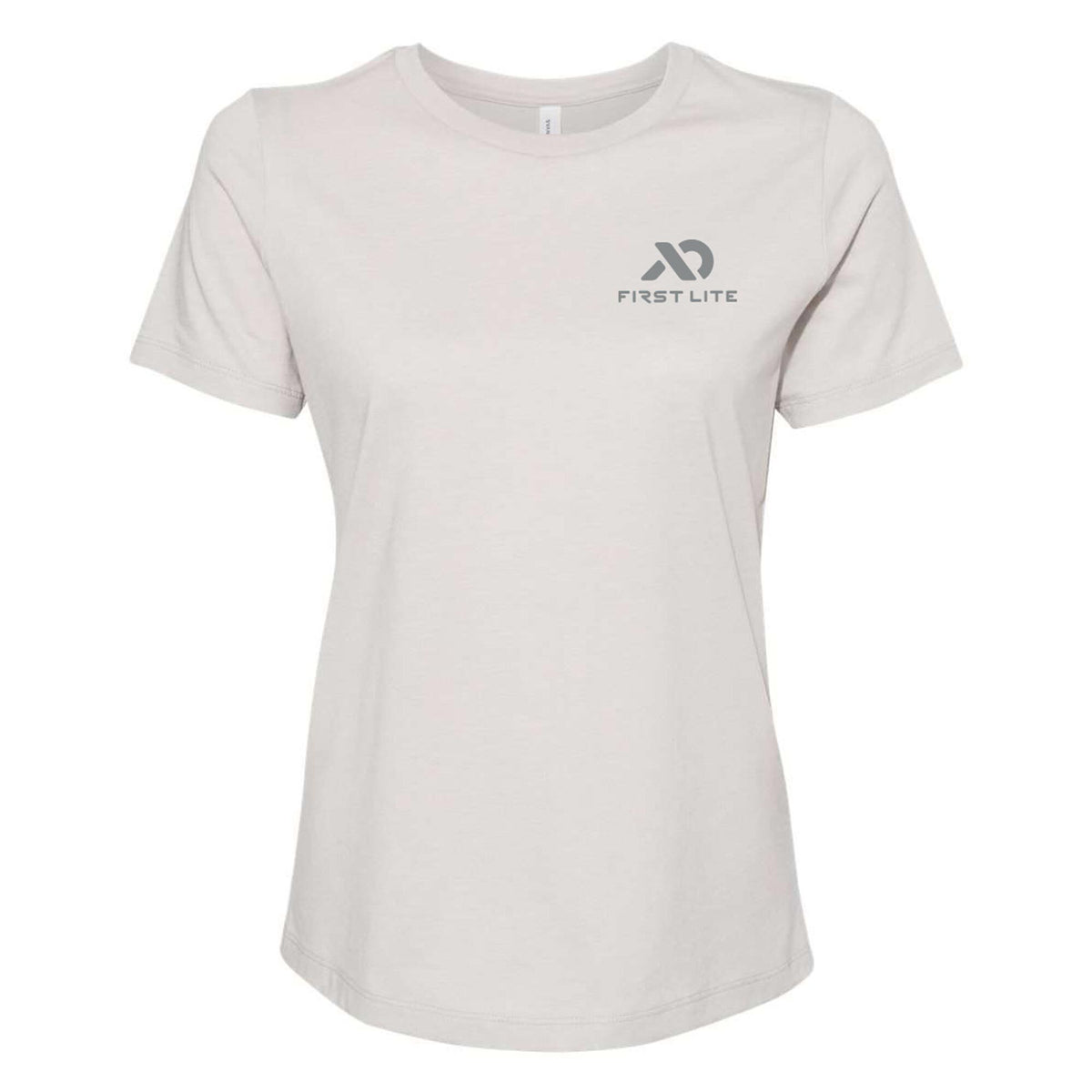 Light grey short-sleeve t-shirt with a dark grey First Lite logo on the left chest.