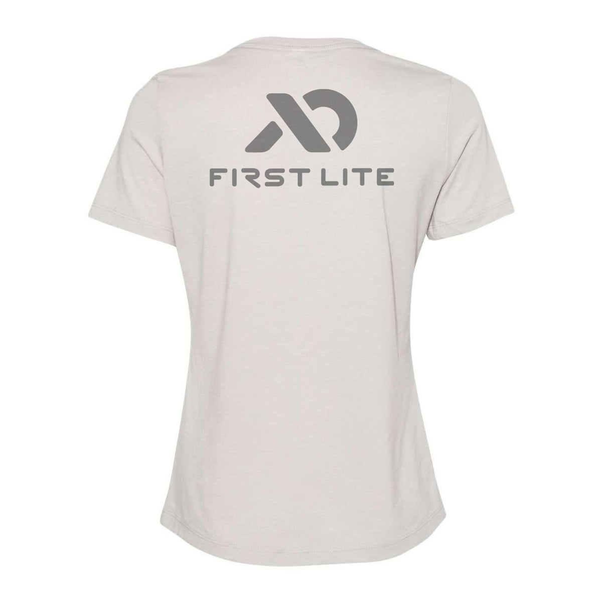 Light grey t-shirt with a dark grey stylized logo and "FIRST LITE" text on the back.