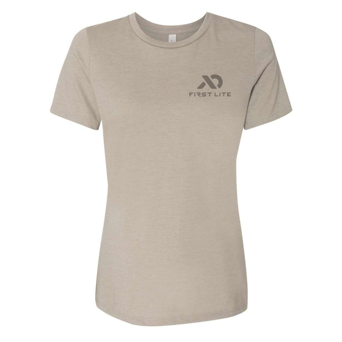Light tan short-sleeve t-shirt with a dark grey First Lite logo on the left chest.
