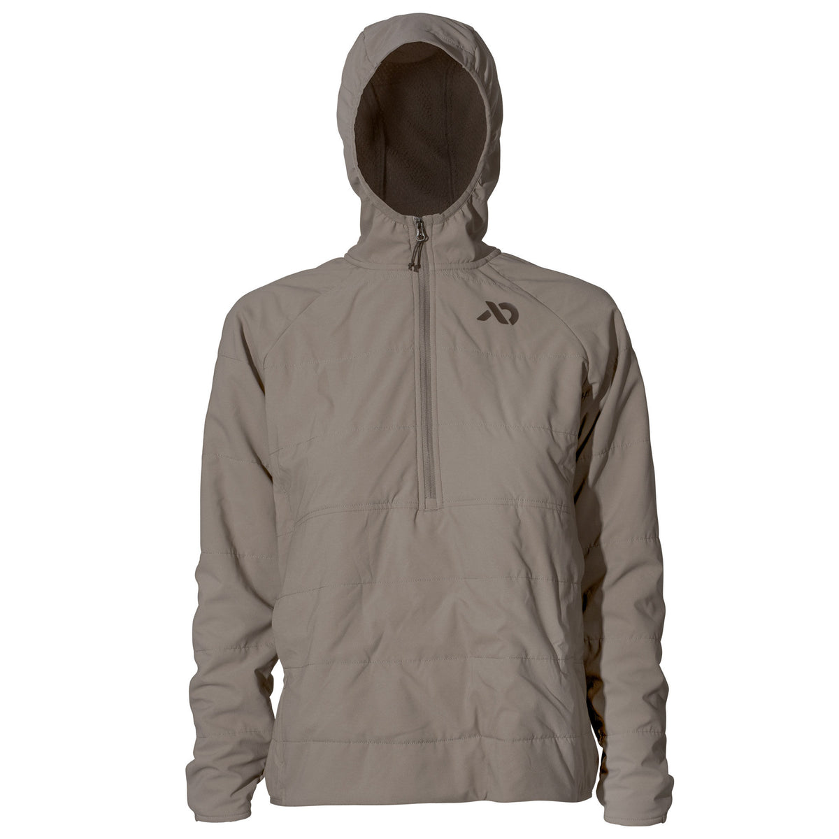 Walnut hooded quarter-zip anorak with horizontal quilting and a chest logo.