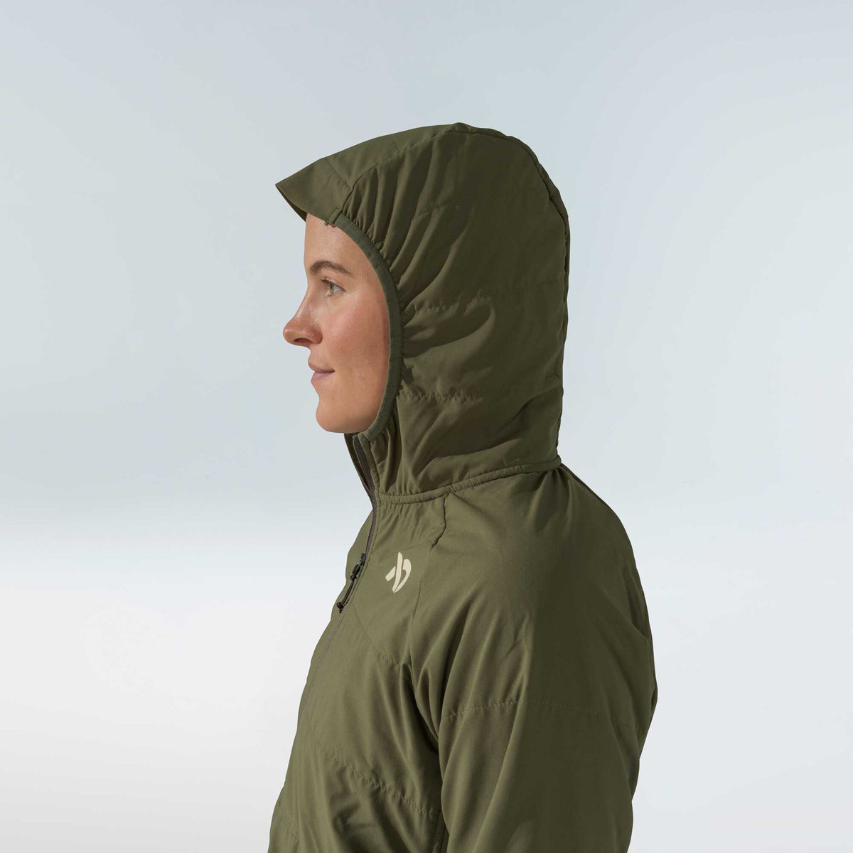 Olive green hooded insulated jacket with a front zipper and light chest logo.