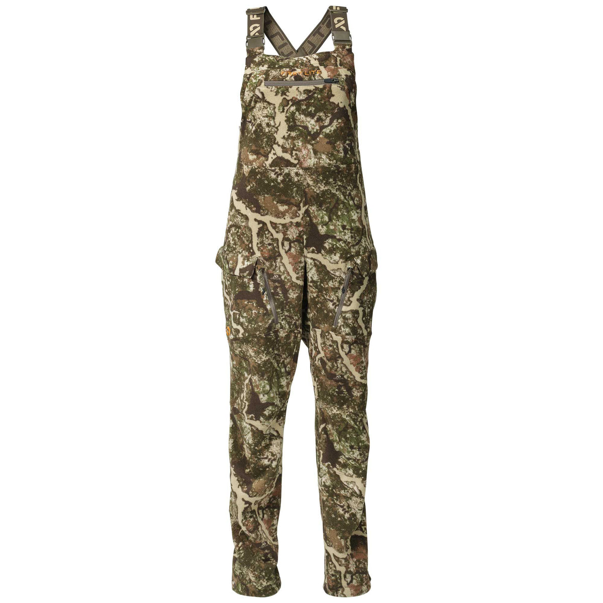 First Lite camouflage hunting bibs featuring a zippered chest pocket, multiple zippered leg pockets, and adjustable shoulder straps.
