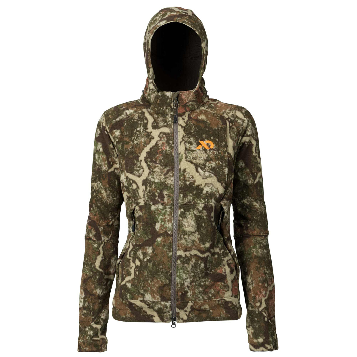 A full-zip hooded fleece jacket in green and brown camouflage with an orange chest logo and zippered hand pockets.