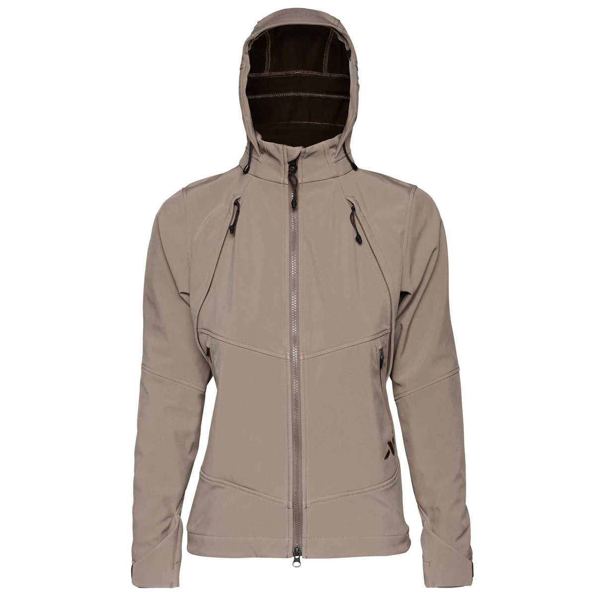 Light taupe hooded jacket with full front zipper and zippered chest, hand, and left sleeve pockets.