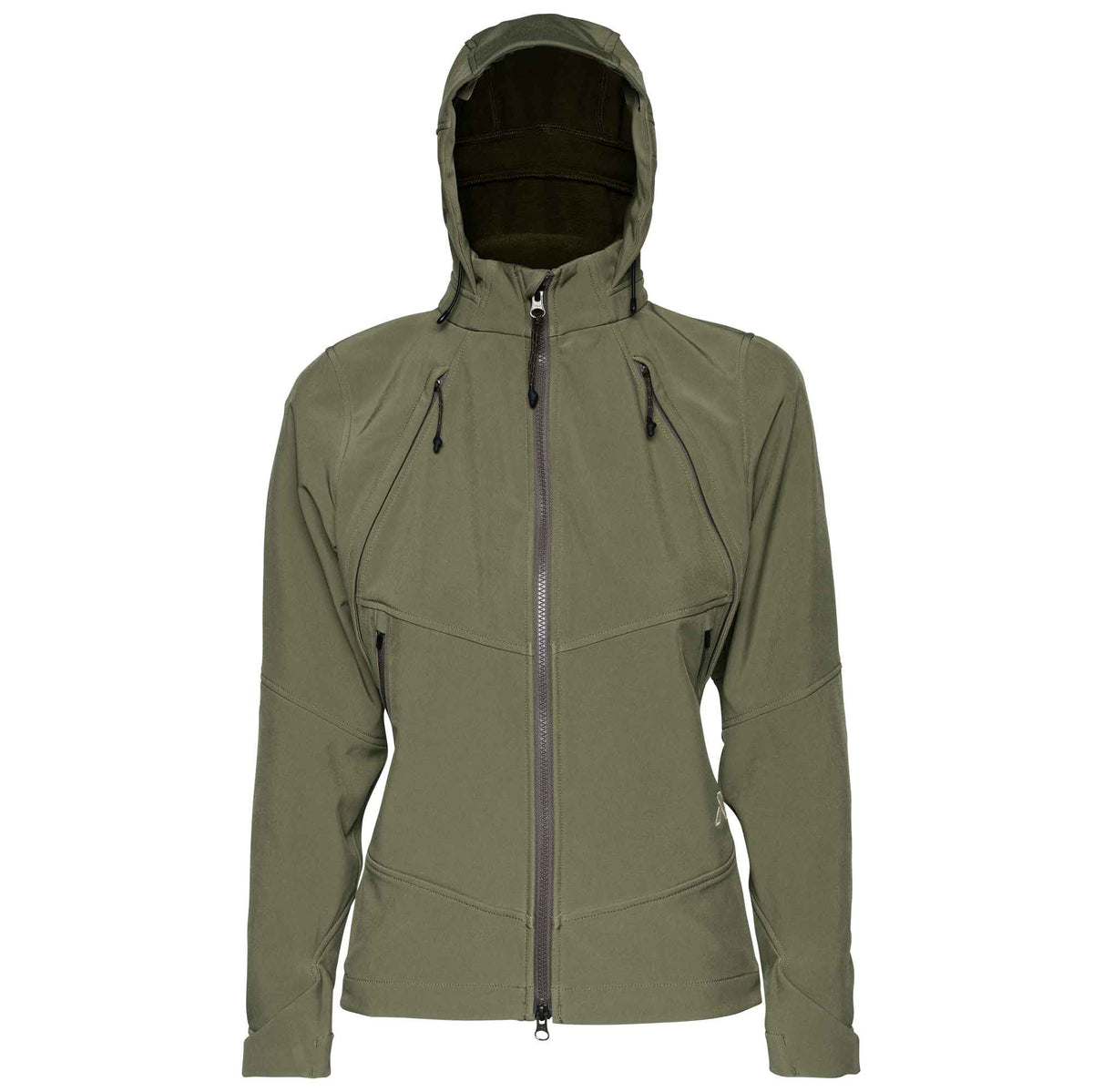 Olive green hooded softshell jacket with a full-zip front and multiple zippered pockets.