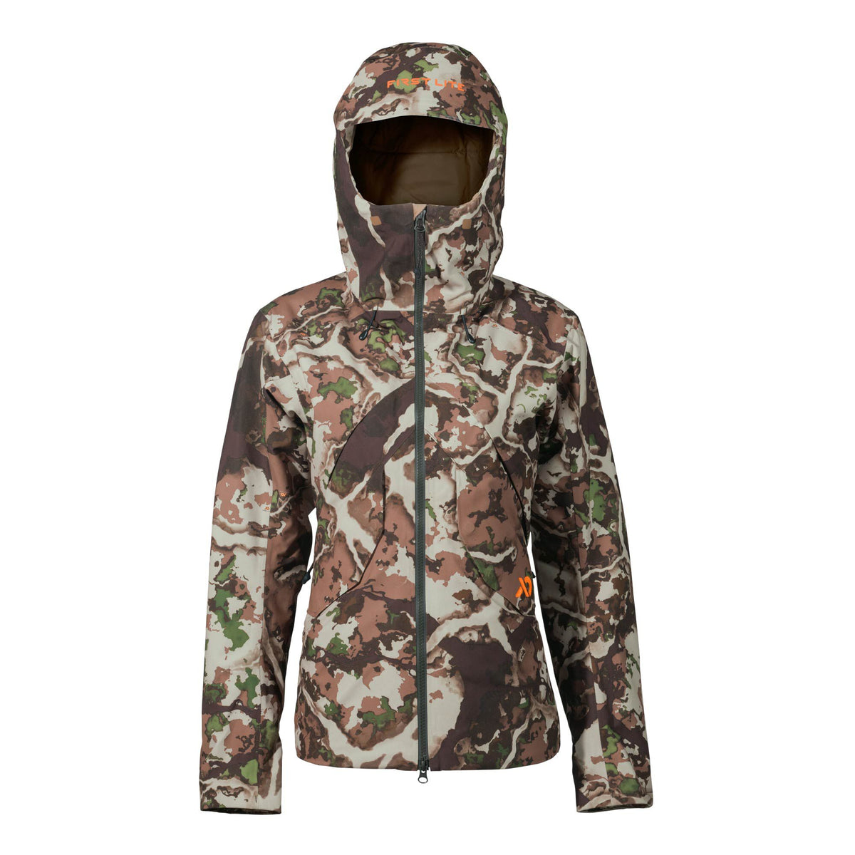 A full-zip hunting jacket with a hood, featuring a brown, green, and tan camouflage pattern and an orange First Lite logo.
