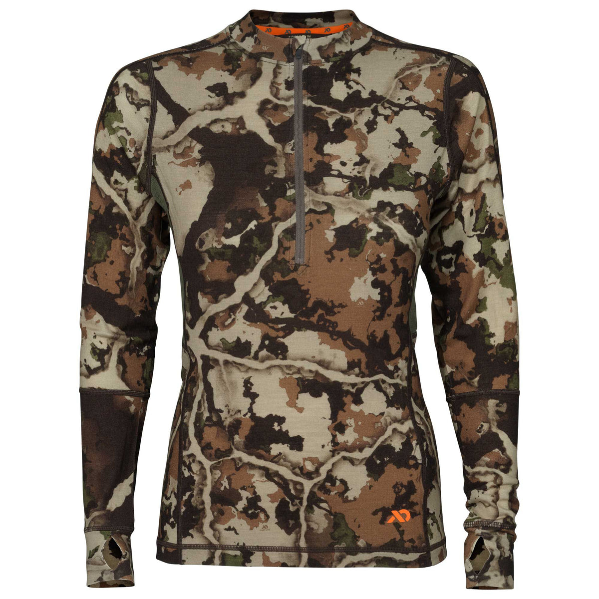Camouflage long-sleeve shirt with a quarter-zip neck, thumbholes, and an orange logo.