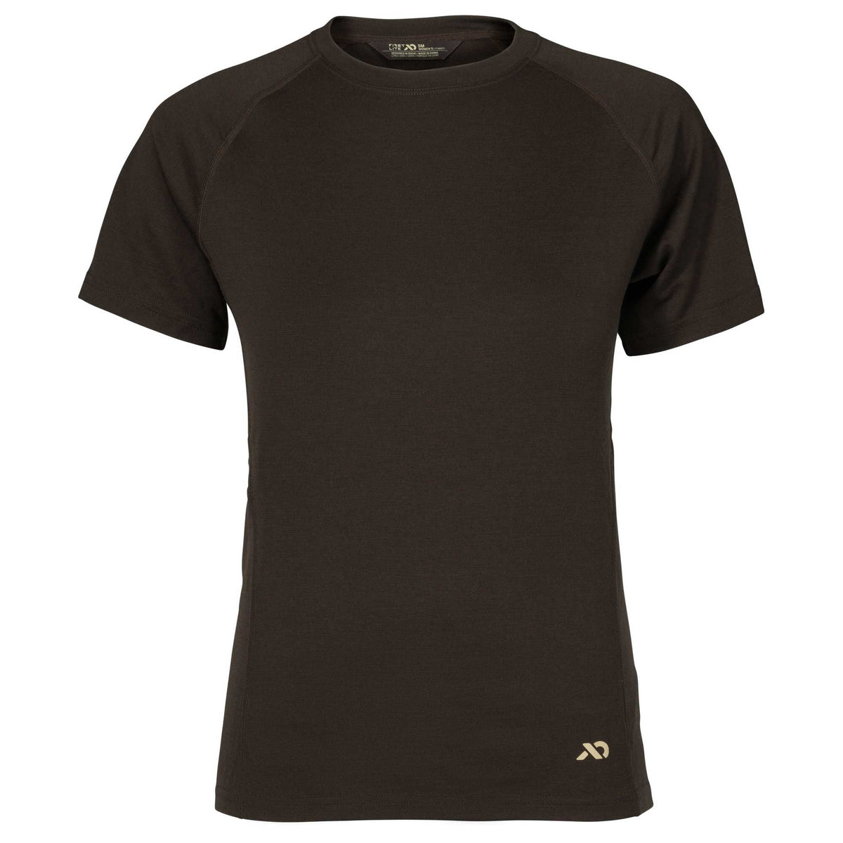 Dark brown crew neck t-shirt with raglan short sleeves and a small tan logo on the front lower right hem.