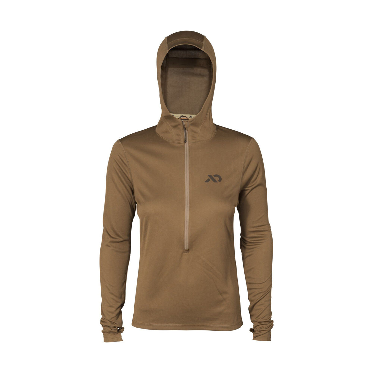 Brown hooded long-sleeve shirt with a quarter-zip front, thumbholes, and a dark logo on the chest.