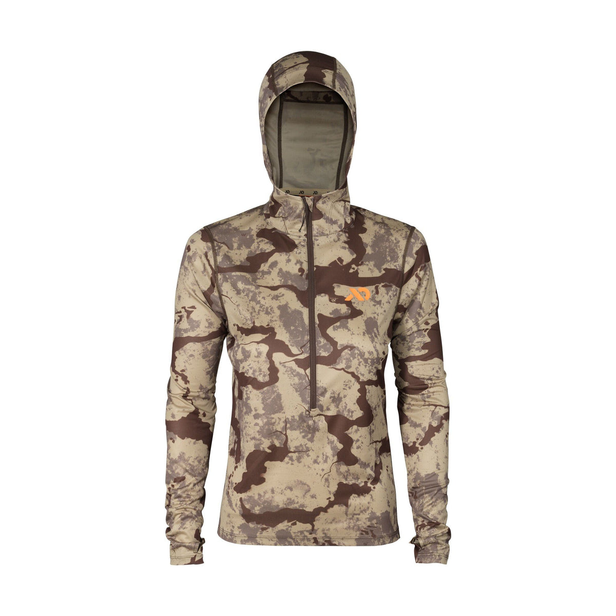 Desert camouflage hooded quarter-zip shirt with an orange logo.